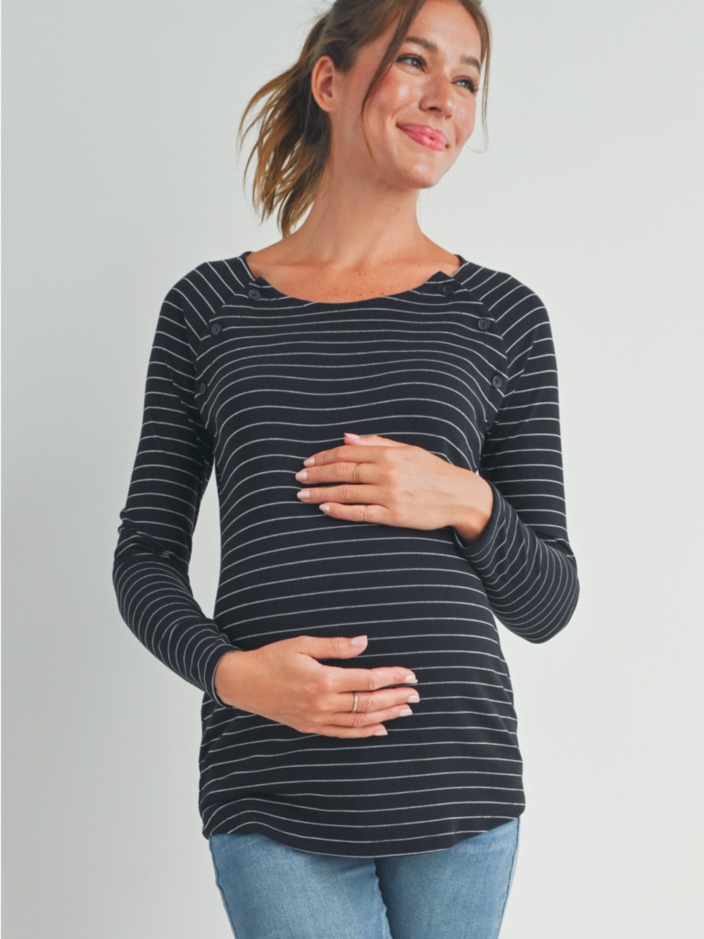 Striped Round Neck Nursing Top with Button Detail Hello Miz